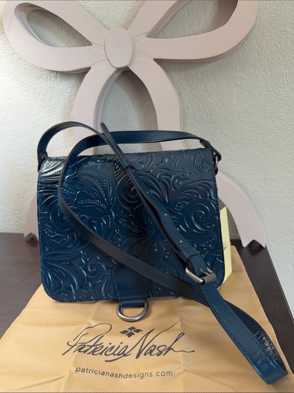 Patricia Nash Ilina Caribbean blueEmbossed Leather Crossbody with Floral Tooling